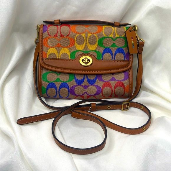Coach Kip Turnlock Crossbody Rainbow Signature Coated canvas - Picture 1 of 10